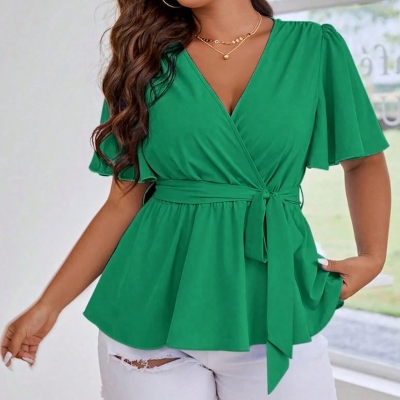 Plus Colorful Surplice Butterfly Sleeve Belted Blouse - Picture 1 of 6
